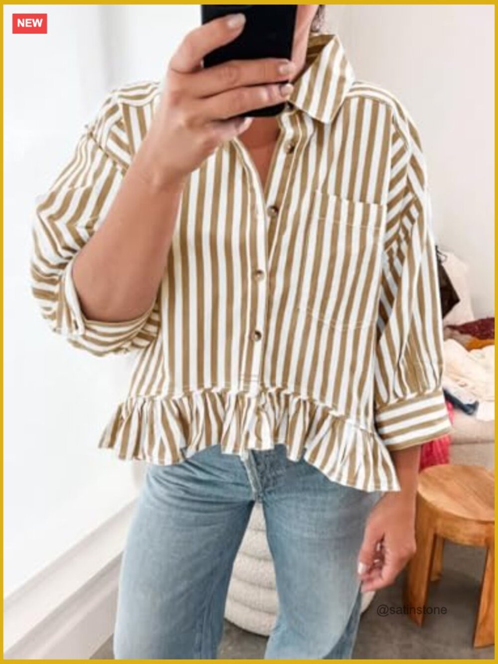 Cropped Striped Button Down Shirt with 3/4 Sleeve Ruffle Hem - Picture 2 of 6